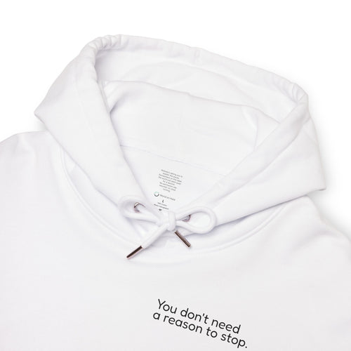 No Reason Needed heavyweight hoodie close-up chest print